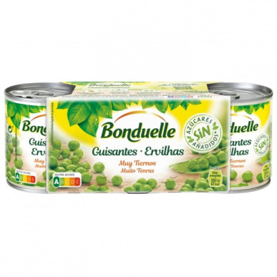 Guisantes tiernos Bonduelle sin lactosa y sin azúcares añadidos muy finos pack 3 unidades de 140 g.