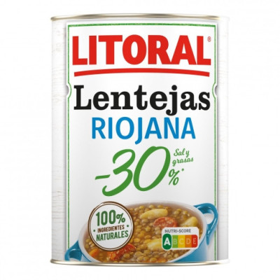 Lentejas a la riojana -30% de sal y grasa Litoral sin gluten sin lactosa 425 g.